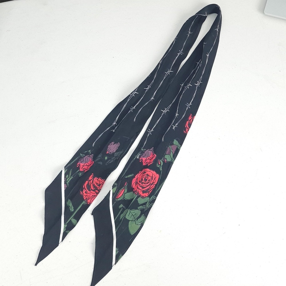 Rockins Scarf Womens One Size Black Silk Roses Barbed Wire Skinny Made UK - Picture 6 of 16